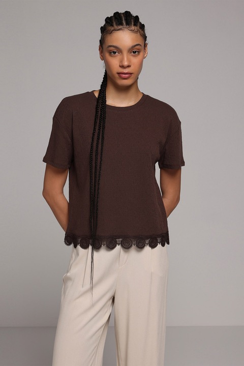 COLIN'S, Tricou din amestec de bumbac cu detalii brodate, Maro