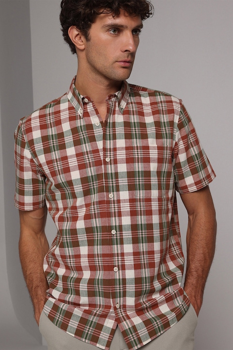 COLIN'S, Camasa cu guler fixat cu nasturi si model in carouri, Alb/Rosu inchis/Verde feriga