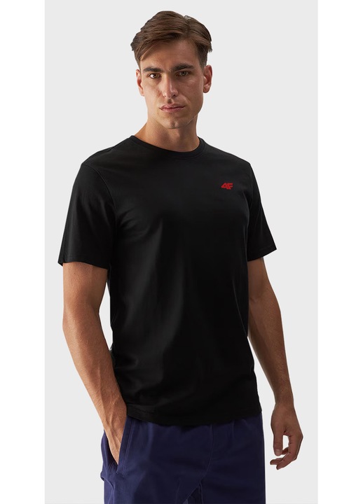 Férfi Alkalmi Póló, 4F, S-es Méret, Fekete Pirossal, 100% Pamut Anyag, Rövid Ujjú, Normál Fazon, Ideális Mindennapi Viseletre és Edzésre, Lapos Varrások, Kerek Nyak, Nagyon Légáteresztő, Puha, Szuper Kényelmes Szövet