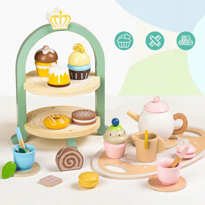 Set de joaca pentru copii, 23 piese, accesorii din lemn, ceai, multicolor