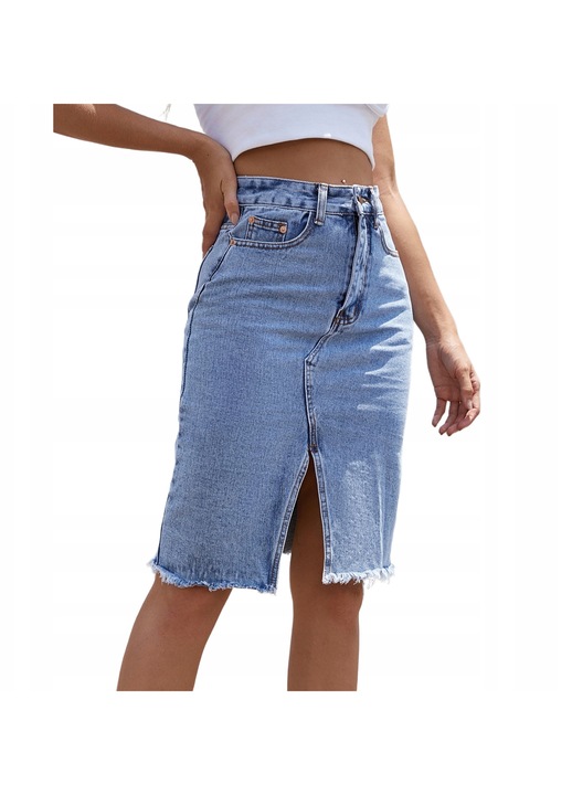 Fusta denim, tip creion, eleganta, cu crapatura, albastra, midi, pentru femei