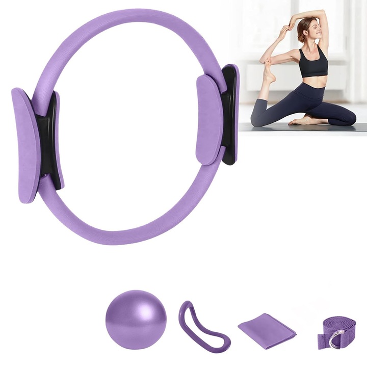 5 részes pilates szett, AFKSMILE, Hordozható fitneszgyűrű, Tartalmaz pilates szalagot, ellenállási szalagot, jógagolyót, Otthoni edzéshez, testformáláshoz, Átmérő 38 cm, Lila