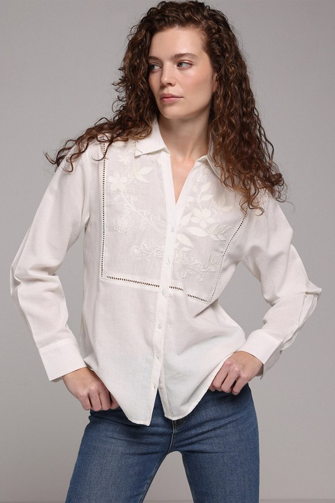 COLIN'S, Camasa din bumbac cu flori brodate si detalii perforate, Alb