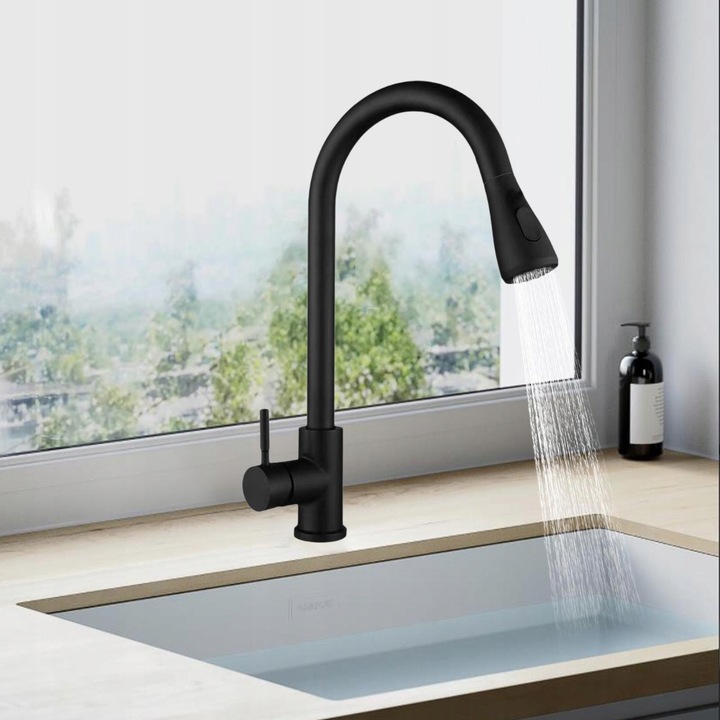 Konyhai csaptelep spray funkcióval, Waterfall modell, 2 funkció, fekete, 21x37x3,5cm, teljes szerelőkészlet