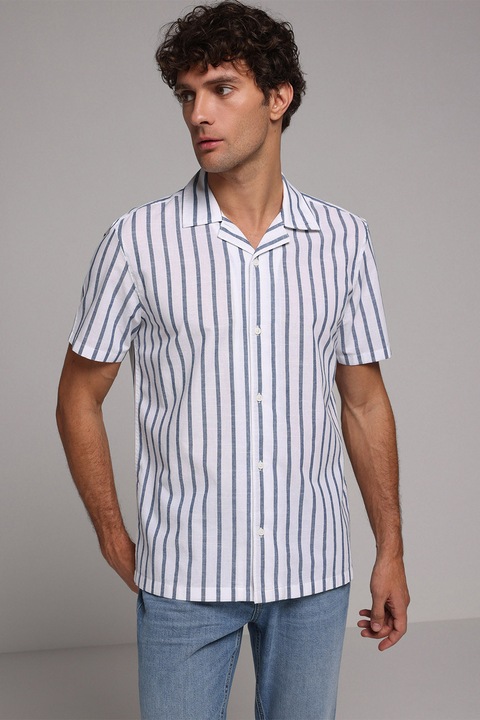 COLIN'S, Camasa din bumbac cu maneci scurte si dungi, Albastru inchis/Albastru pal