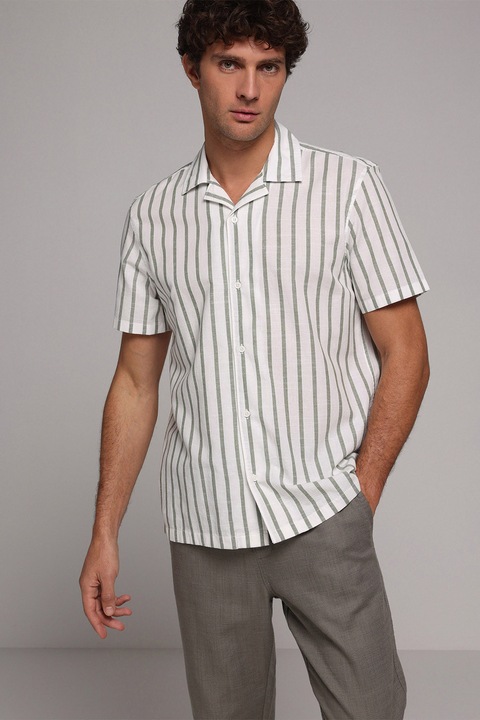 COLIN'S, Camasa din bumbac cu maneci scurte si dungi, Verde sparanghel/Alb murdar