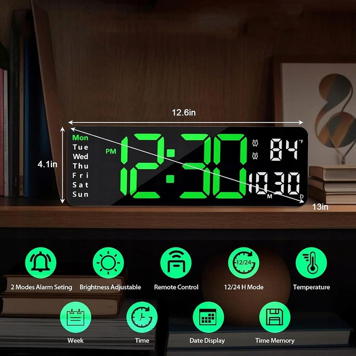 Ceas digital LED, 13 inch, negru, cu telecomanda, functie de alarma, set