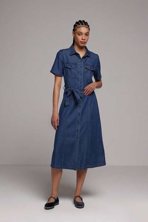 COLIN'S, Rochie din amestec de denim si lyocell cu cordon in talie, Albastru inchis