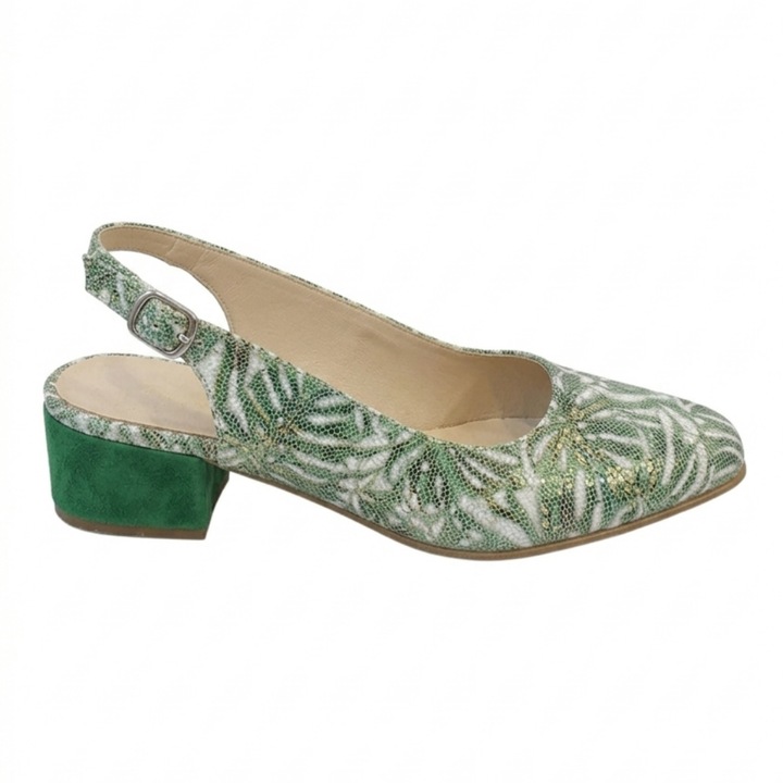 Pantofi dama slingback, SandAli, piele naturala cu imprimeu frunze exotice, varf patrat, toc 4 cm, verde