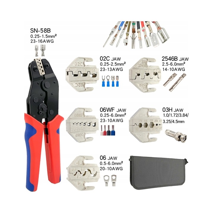 Клещи за кримпване SN58B, комплект с 5 сменяеми глави, червени, 0.25-1.5мм