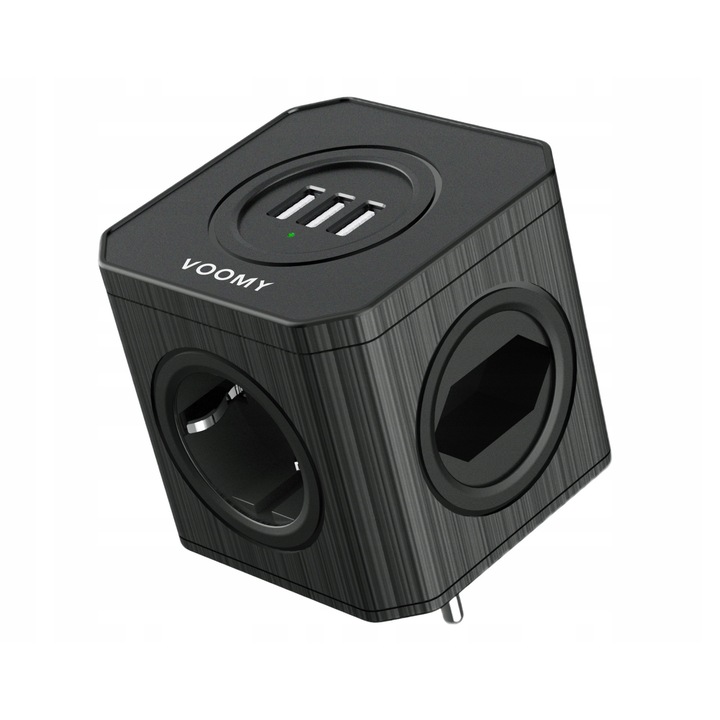 Gniazdo electric rozgaleznik VOOMY, 4 gniazdka, cu uziemienie, negru