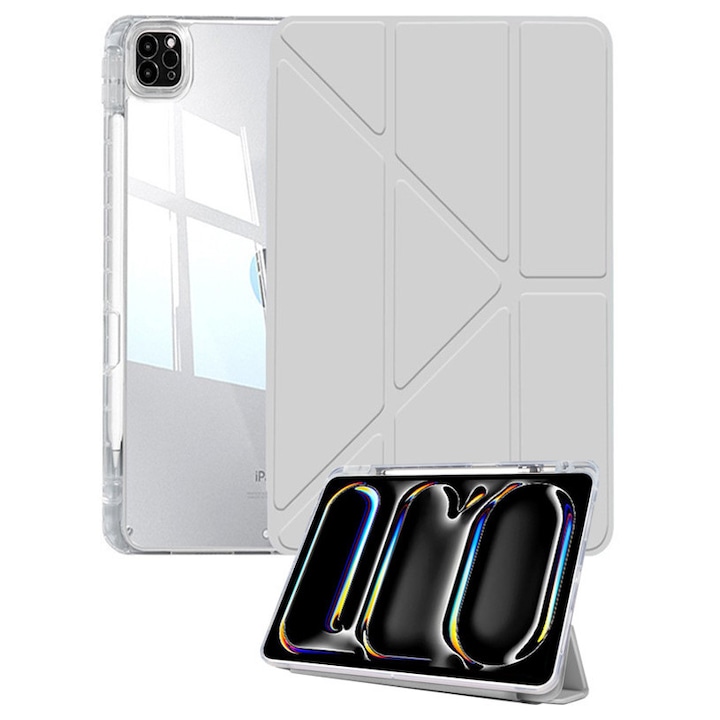 Husă tabletă, design în formă de Y, gri argintiu, 13 inch/12.9 inch, cu slot pentru stilou, trezire automată/somn