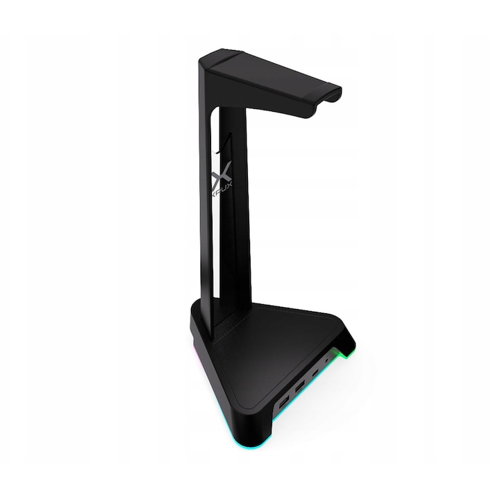 Krux Rivt fejhallgató állvány, RGB világítás, 2xUSB-A, 1xUSB-C hub, fekete, 136x160x285mm