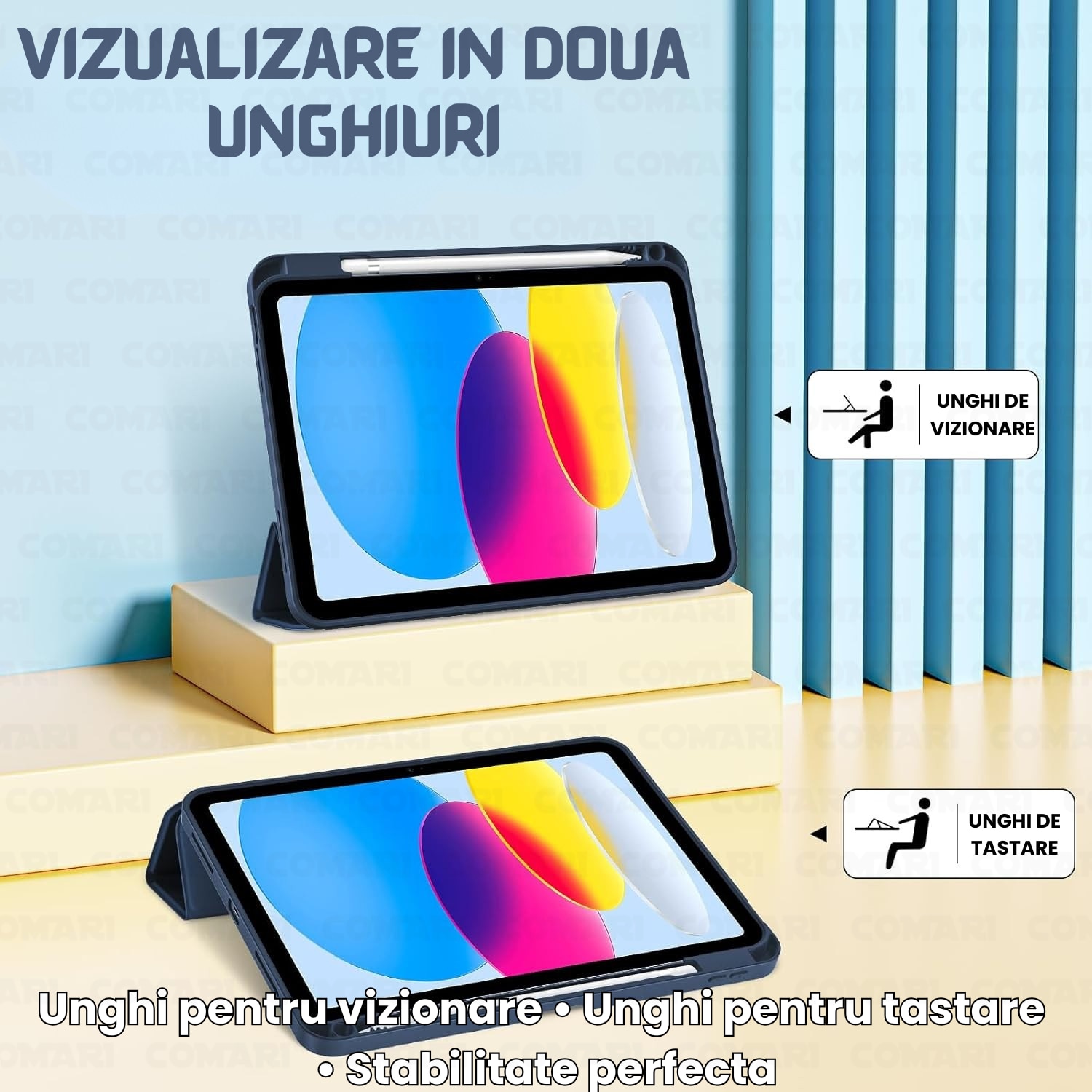 Husă pentru tabletă Comari EliteCover, protecție completă, stand trifold, suport stylus, Albastru Închis, pentru iPad 10 (2022) / iPad 11 (2025)