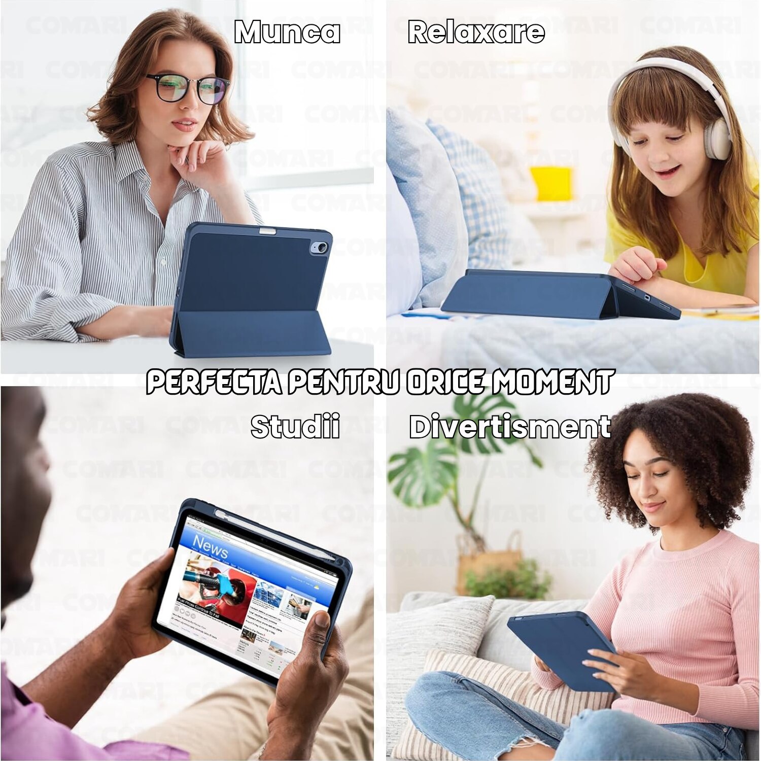Husă pentru tabletă Comari EliteCover, protecție completă, stand trifold, suport stylus, Albastru Închis, pentru iPad 10 (2022) / iPad 11 (2025)