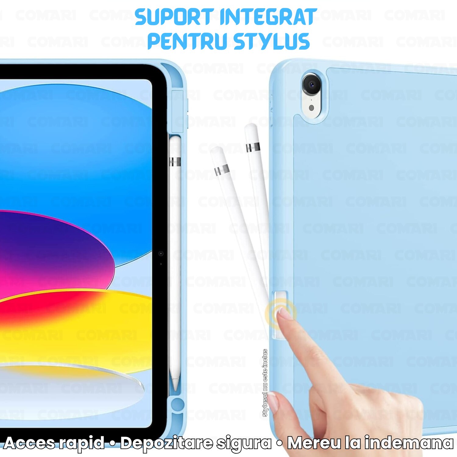 Husă tabletă Comari EliteCover, protecție completă, design tip carte, suport stylus integrat, Albastru Deschis
