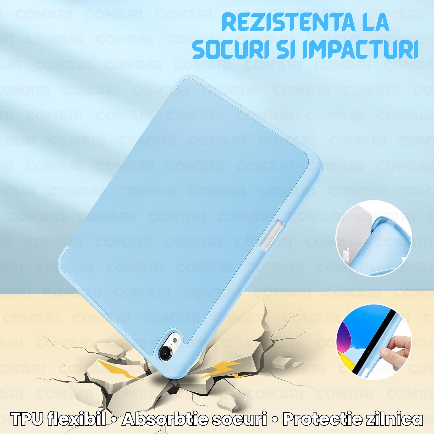 Husă tabletă Comari EliteCover, protecție completă, design tip carte, suport stylus integrat, Albastru Deschis