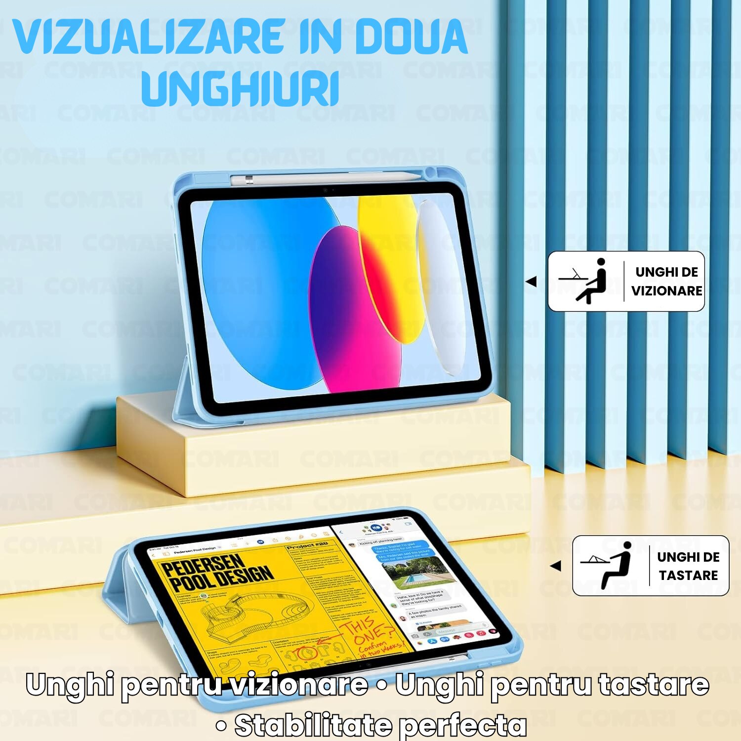 Husă tabletă Comari EliteCover, protecție completă, design tip carte, suport stylus integrat, Albastru Deschis