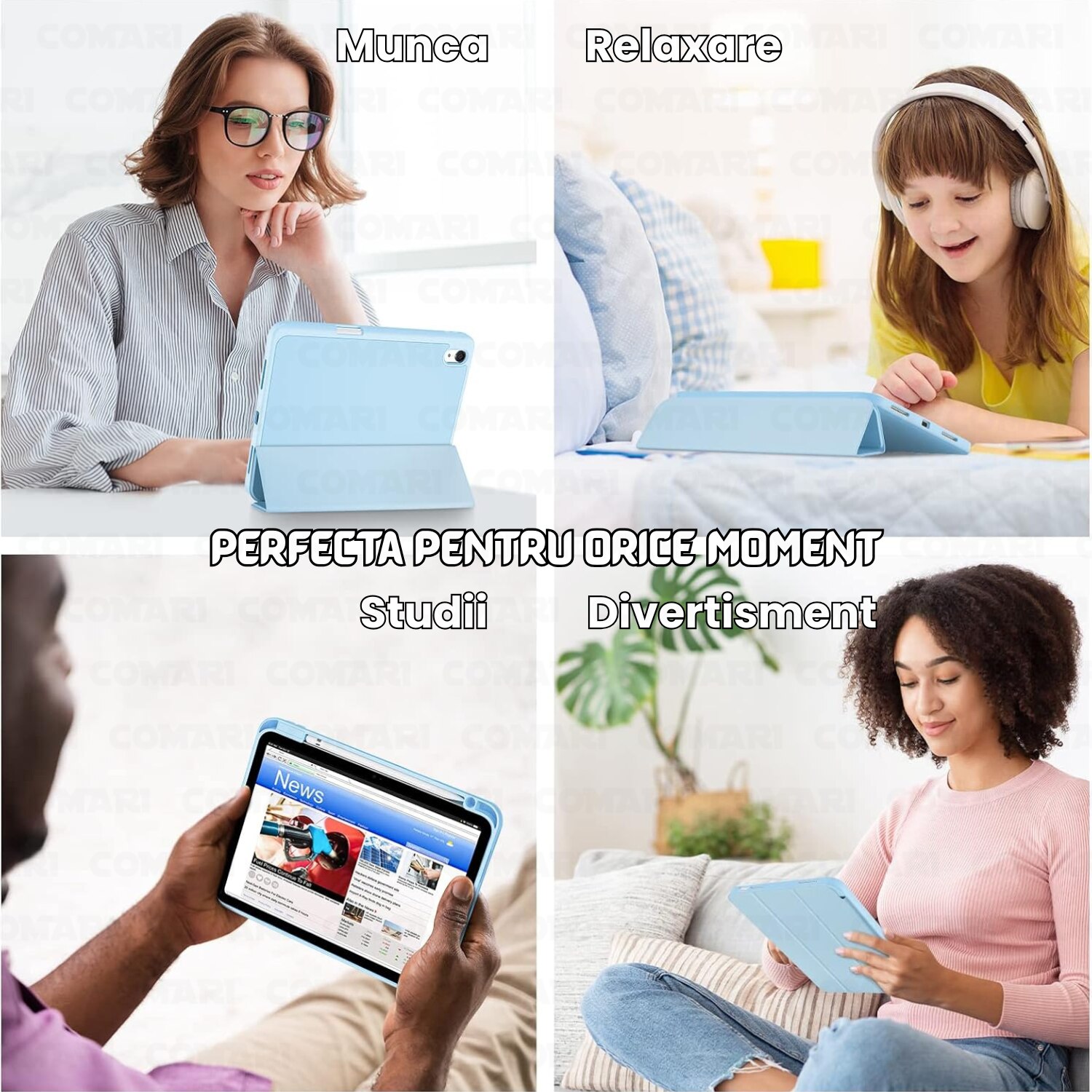 Husă tabletă Comari EliteCover, protecție completă, design tip carte, suport stylus integrat, Albastru Deschis