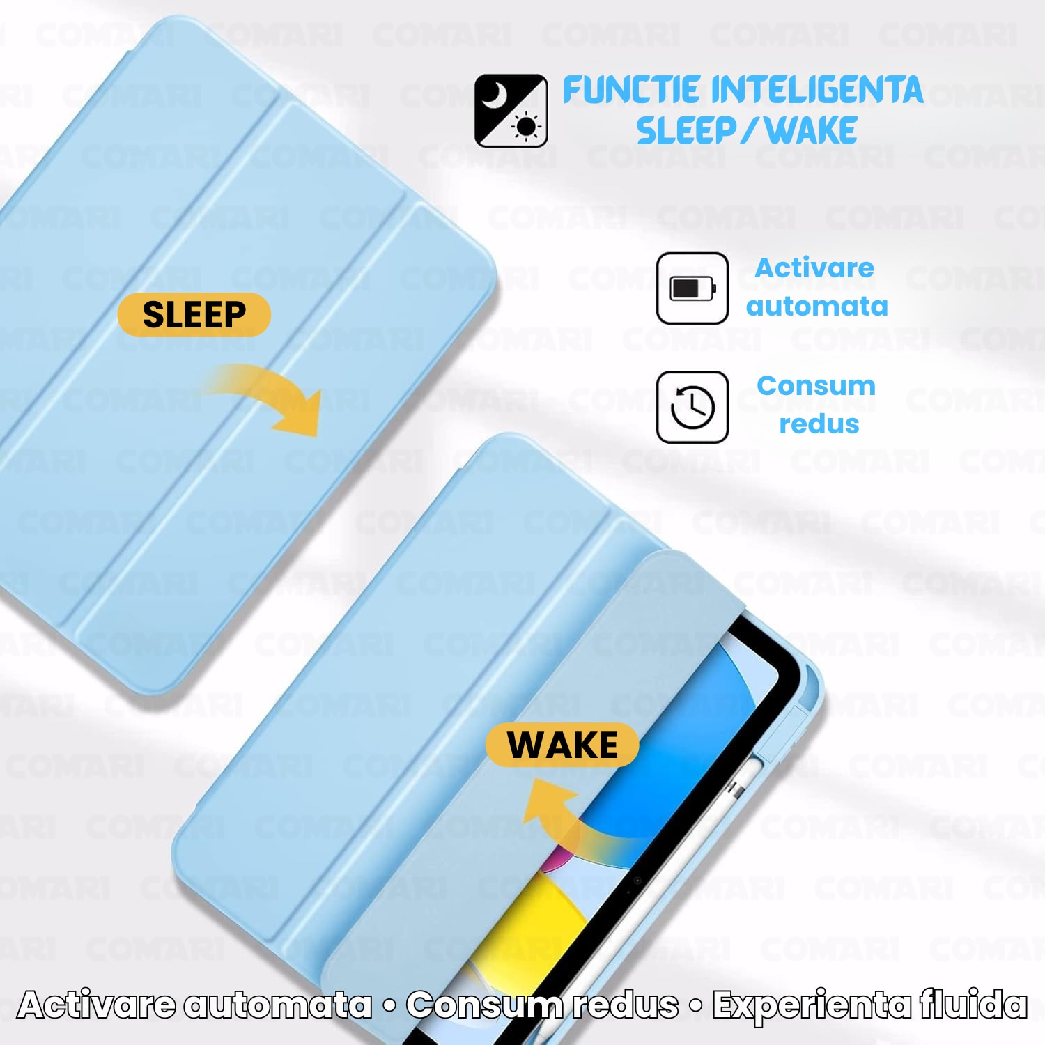 Husă tabletă Comari EliteCover, protecție completă, design tip carte, suport stylus integrat, Albastru Deschis
