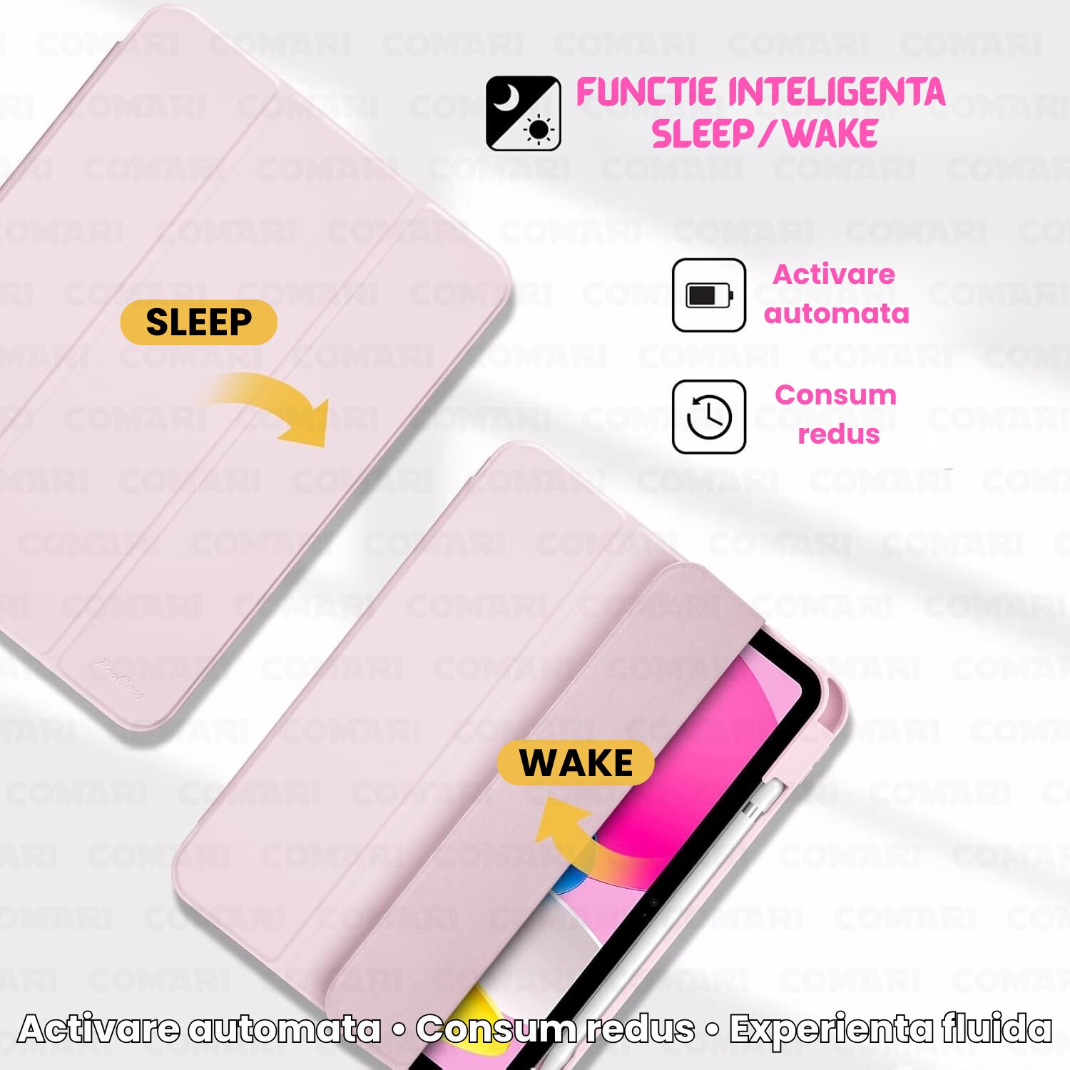 Husă tabletă Comari EliteCover, protecție completă, design elegant tip carte, suport stylus integrat, Roz
