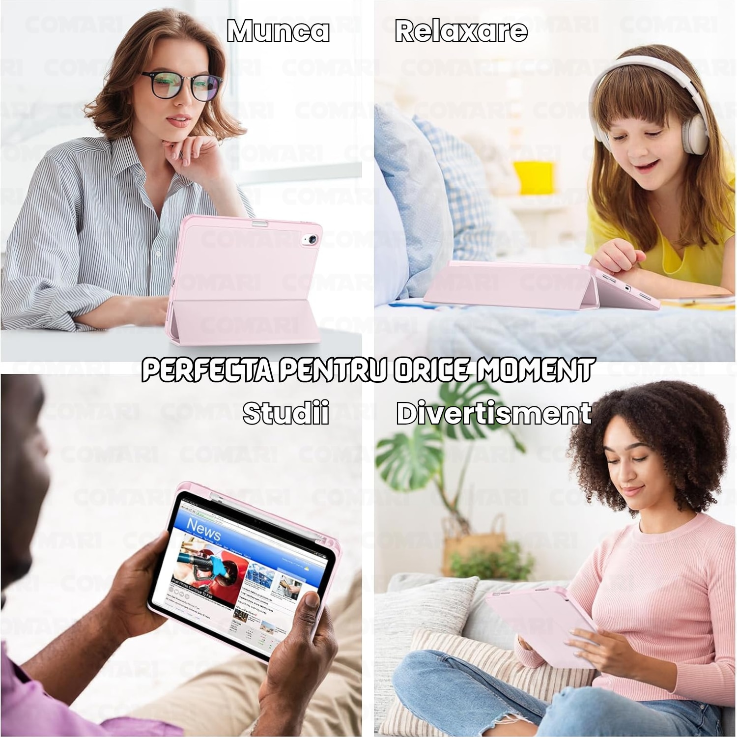 Husă tabletă Comari EliteCover, protecție completă, design elegant tip carte, suport stylus integrat, Roz