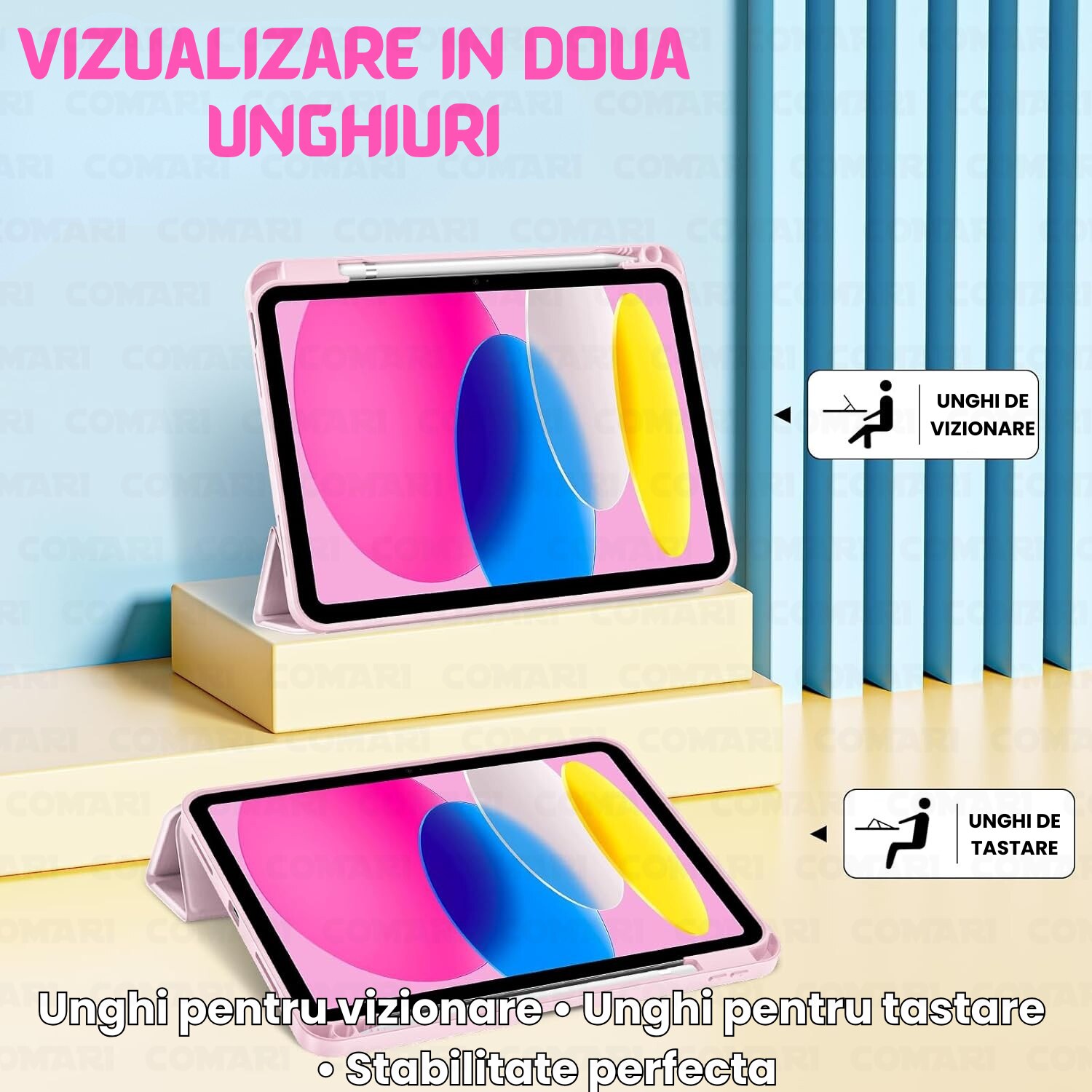Husă tabletă Comari EliteCover, protecție completă, design elegant tip carte, suport stylus integrat, Roz