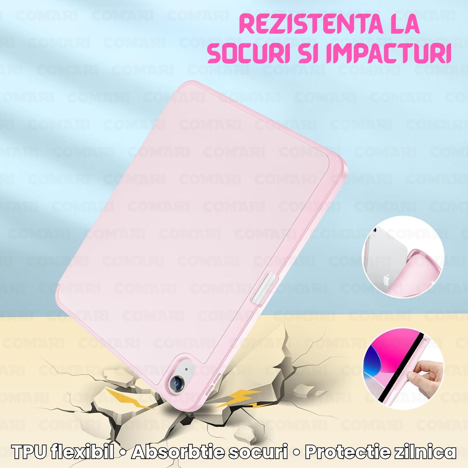 Husă tabletă Comari EliteCover, protecție completă, design elegant tip carte, suport stylus integrat, Roz