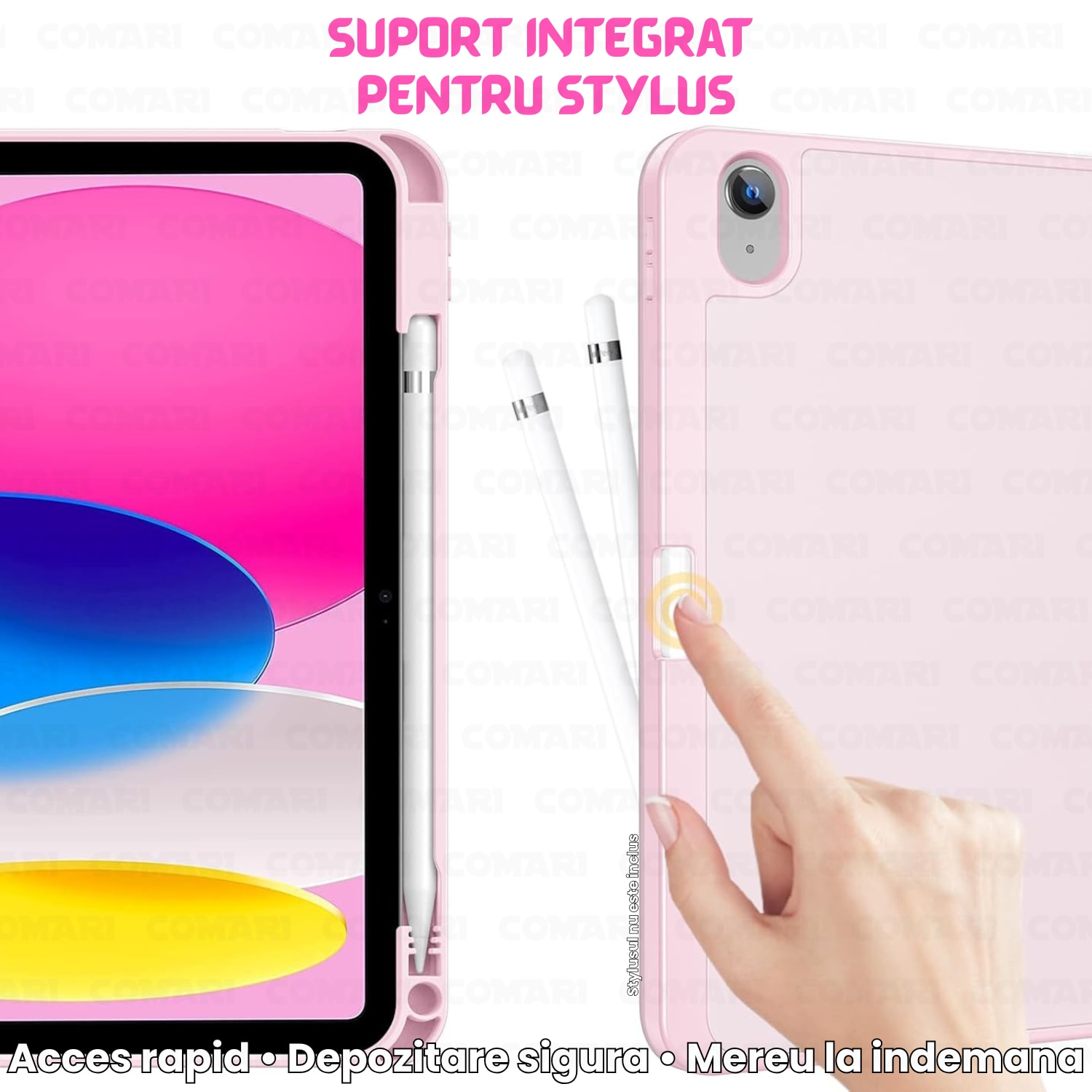 Husă tabletă Comari EliteCover, protecție completă, design elegant tip carte, suport stylus integrat, Roz