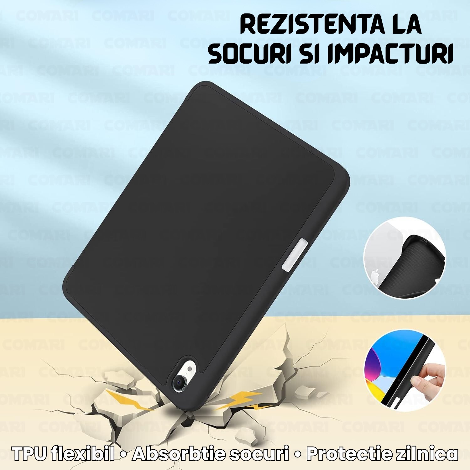 Husă pentru tabletă Comari EliteCover, protecție completă, stand trifold, suport stylus integrat, Negru