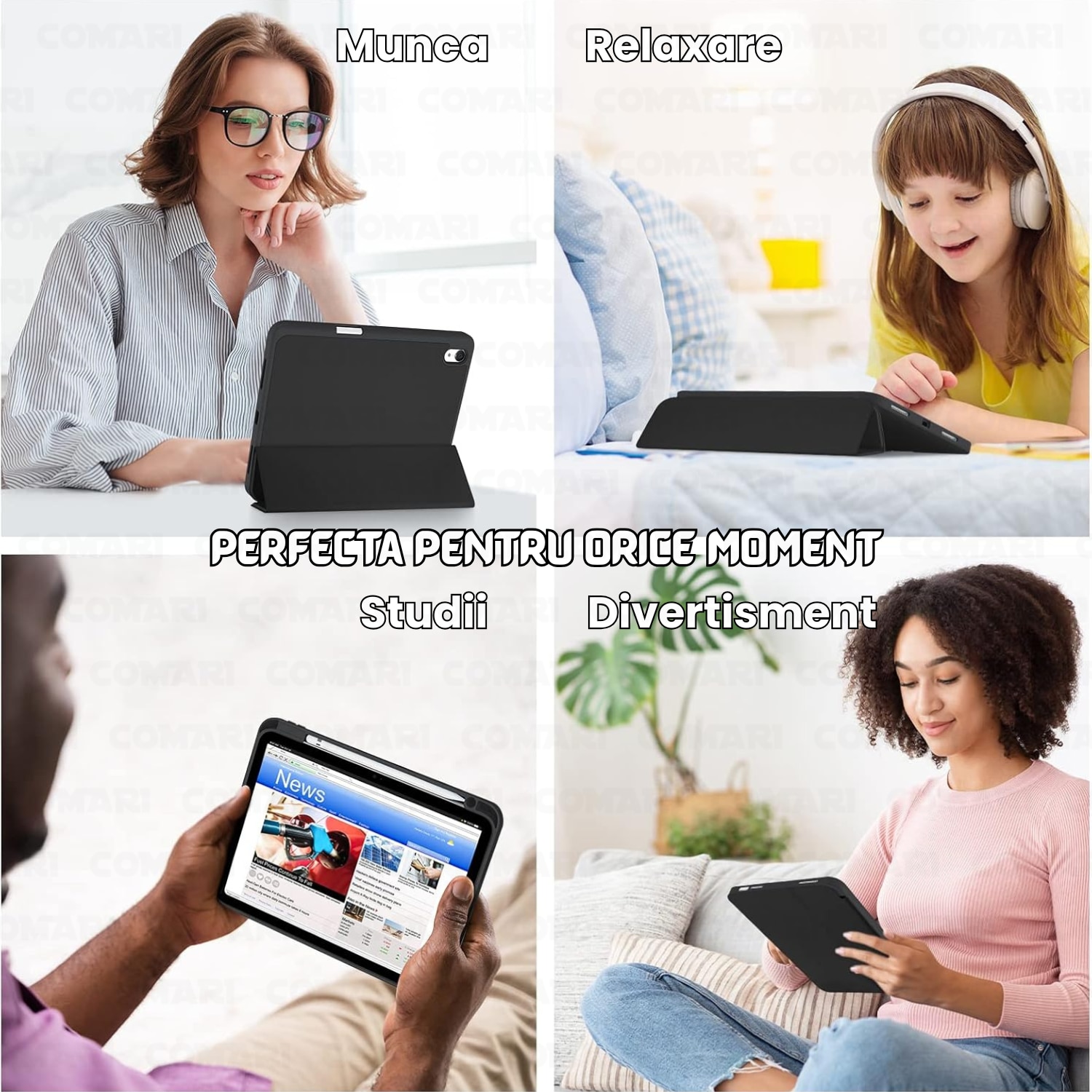 Husă pentru tabletă Comari EliteCover, protecție completă, stand trifold, suport stylus integrat, Negru