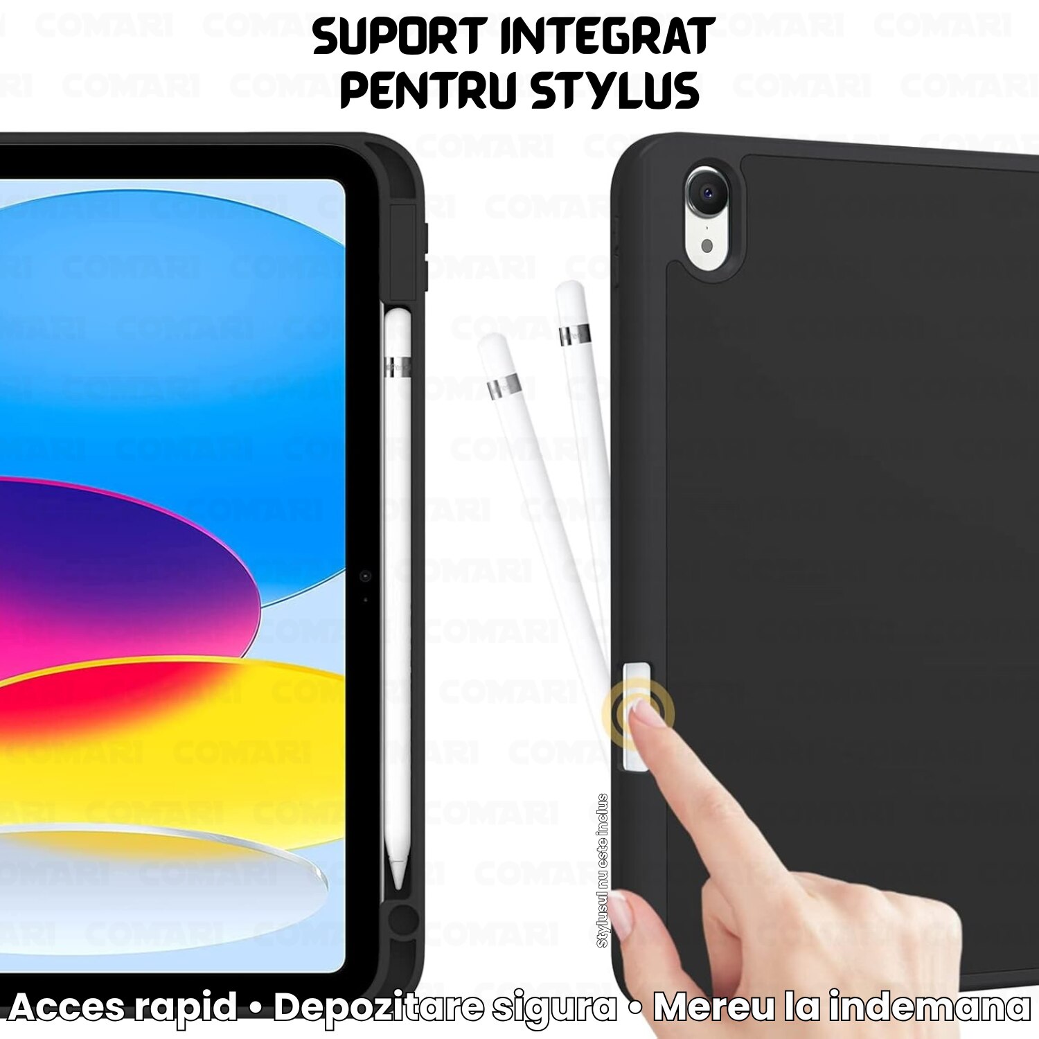 Husă pentru tabletă Comari EliteCover, protecție completă, stand trifold, suport stylus integrat, Negru