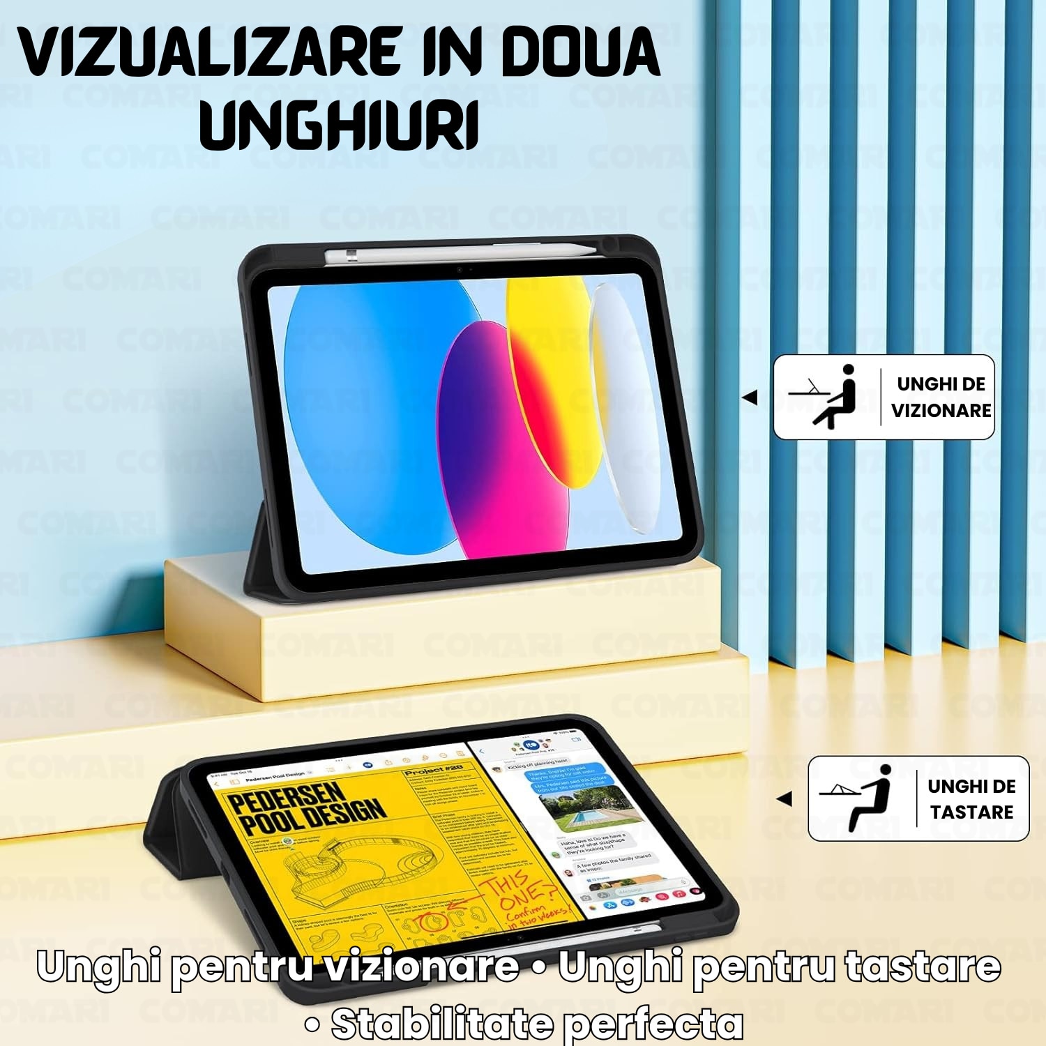 Husă pentru tabletă Comari EliteCover, protecție completă, stand trifold, suport stylus integrat, Negru
