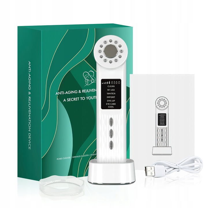 Aparat masaj facial 7 in 1, tehnologie EMS, radiofrecventa, mezoterapie, crioterapie, lumini LED, 17,5x5x5cm