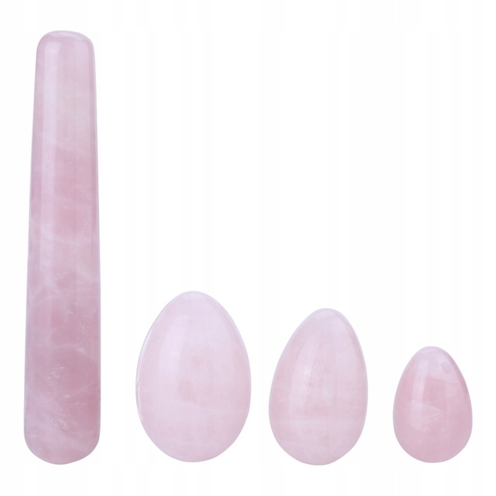 Set de 3 accesorii Yoni din cristal roz, 4.5x3cm, 4.0x2.5cm, 3.0x2.0cm, cu bat de masaj de 10cm