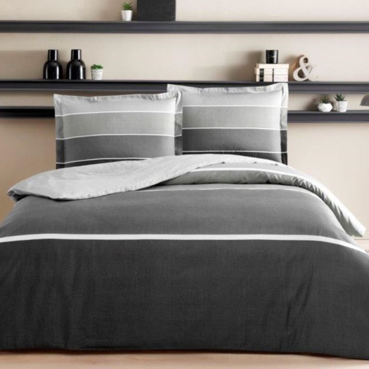 Geometrikus mintás ágynemű 1 személyes, 100% szatén pamut, 3 részes, 180 x 260 cm, Tac Mako-Satin, Hazel Antracit