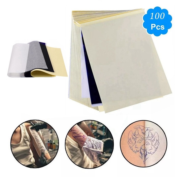 Hartie de transfer pentru tatuaje, 100 foi, 21x30cm, multicolor