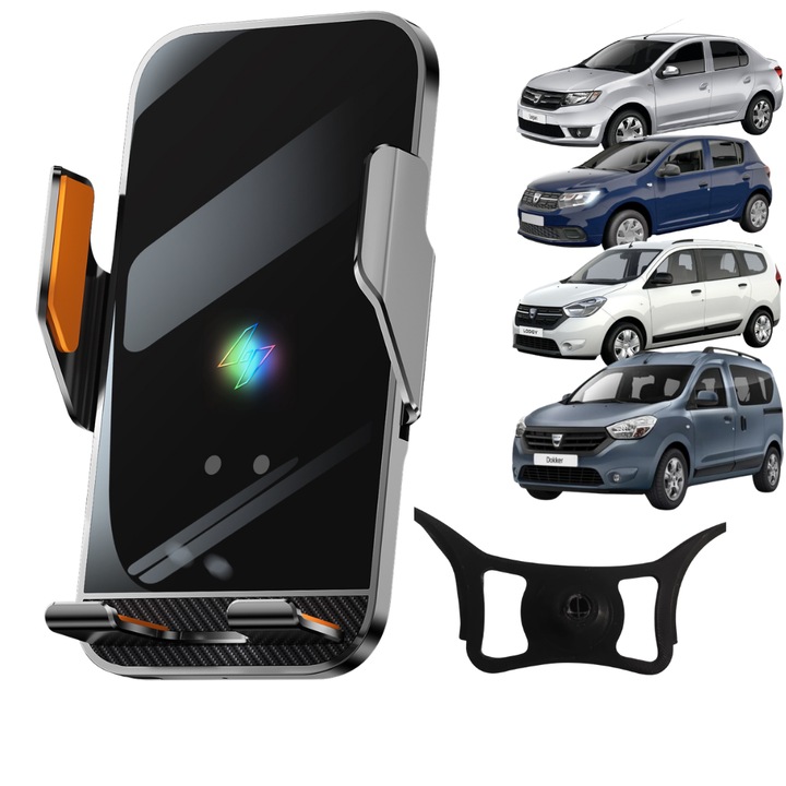 Suport auto telefon VELTROVA cu incarcare wireless 15W, prindere dedicata pentru Dacia Logan 2, Sandero 2, Lodgy, Dokker 2012-2020, senzor automat, rotire 360°, montaj stabil pe bord prin clipsare