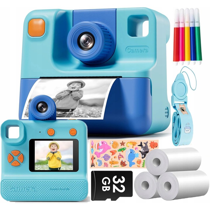 Aparat foto digital pentru copii, 2 in 1, instantaneu, 3 role de hartie, 32GB, 10x zoom, 2" display