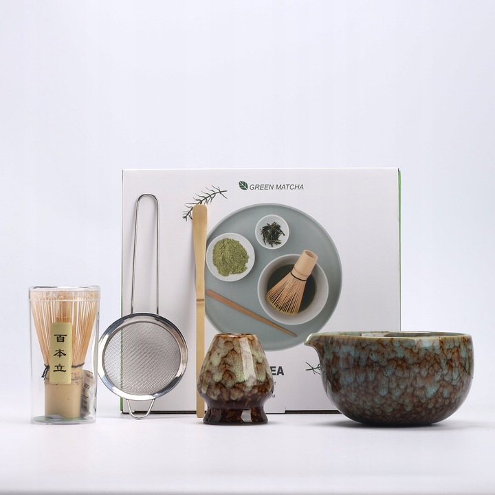 Set de accesorii pentru ceai Matcha, 500ml, bambus, include mixer, lingurita, sita, bol si suport, multicolor