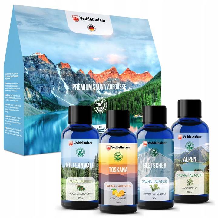 Veddelholzer szauna illóolaj készlet, 4 természetes aroma, 100% organikus, többszínű