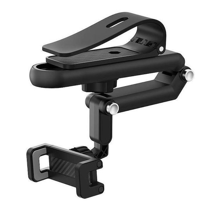 Suport Telefon Auto Parasolar Oglinda, Brat Reglabil, Prindere cu Clema, Rotire 360°, Suport Telefon Masina Universal, Ajustabil, Negru