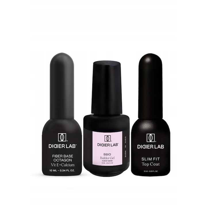 Set Didier Lab: Baza Fibra Octagon, Gel Constructor BBIO Almost Naked, Top Coat Slim Fit, fara HEMA si TPO