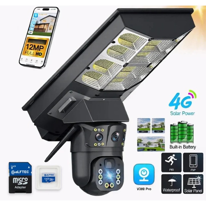 4G соларна камера за наблюдение, 8MP Ultra HD, цветно нощно виждане, IP66, пълен комплект
