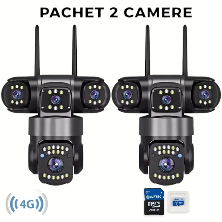 Set 2x Cameră Supraveghere 4G, 9MP, 3 Camere, Rotire 360, Zoom Digital 10X, Viziune Nocturnă
