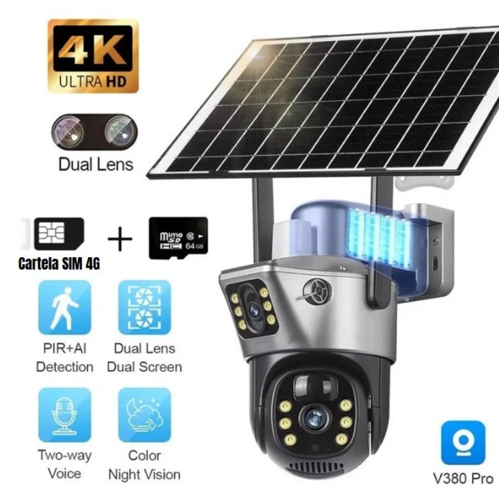 Cameră de Supraveghere Exterior V380 Pro, 8 MP, 4K Ultra HD, Alimentare Solară, Vedere Nocturnă, 12, 5x19cm