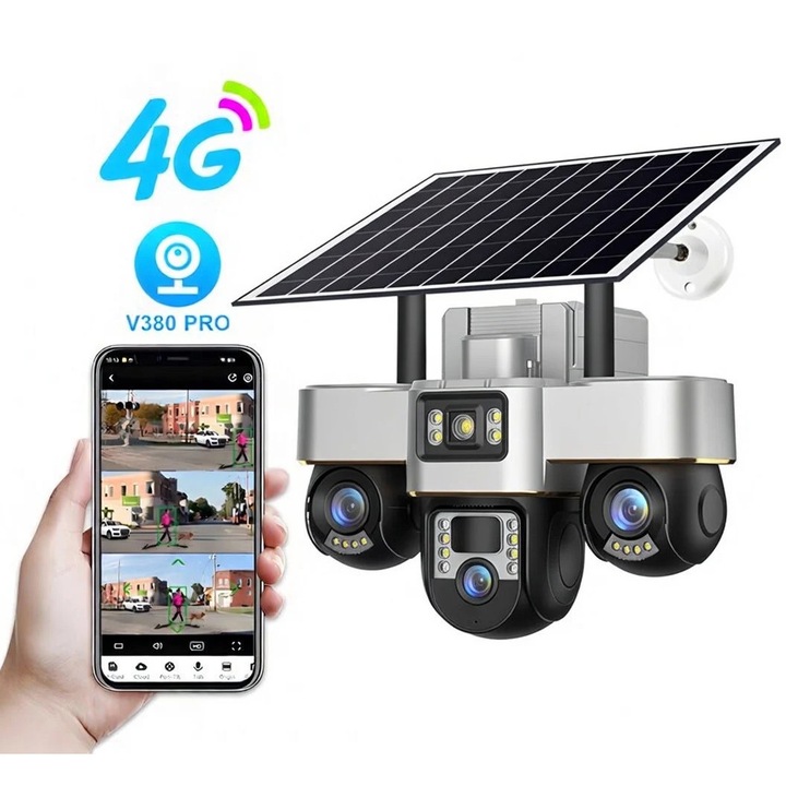 Cameră de Supraveghere 4G cu Panou Solar, 15MP, 10X Zoom, V380 Pro, IP66, Exterior