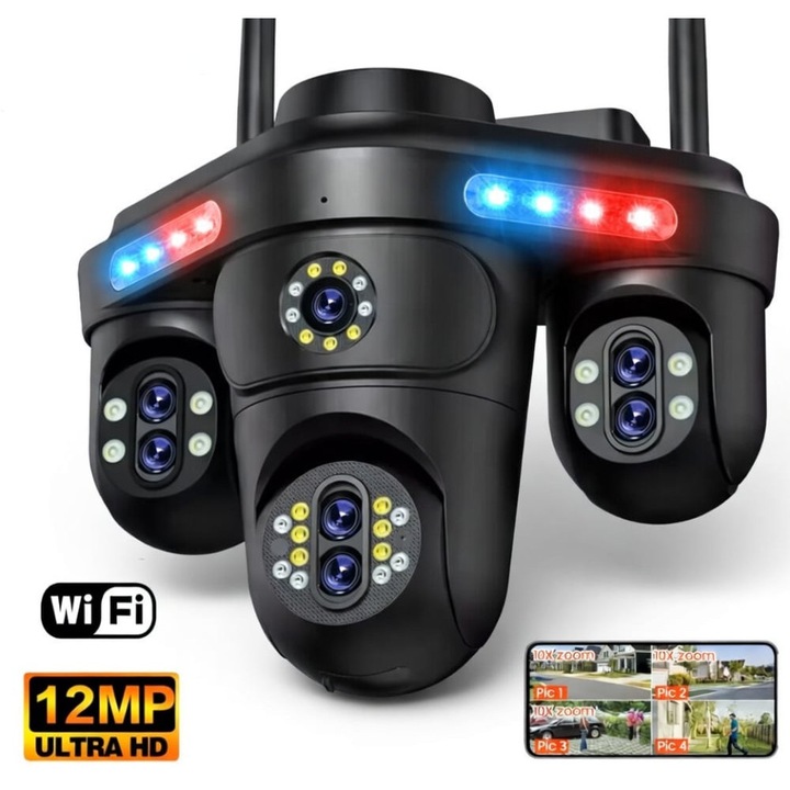 Camera Supraveghere WiFi cu 3 Camere Rotative 360°, Lumini/Sirena, 12MP, Ultra HD, Viziune Nocturna Color, Detectie Umana, PIR, Audio, V380 Pro, IP66, PTZ