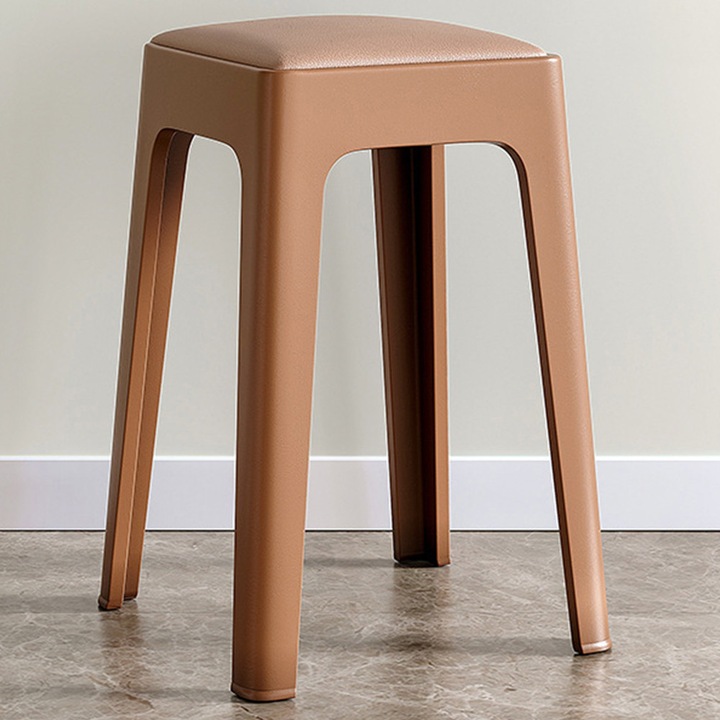 Scaun modern taburet Destello® minimalist cu sezut tapitat, Plastic si piele ecologica, Khaki, 28 x 28 x 46 cm