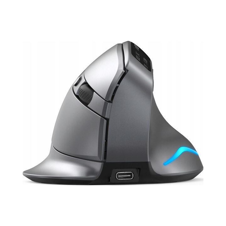 Maus vertical fara fir F-26C, 8 butoane, 730mAh, USB-C, Bluetooth si 2.4G, OLED, 1000-3200 DPI, gri metalizat mat